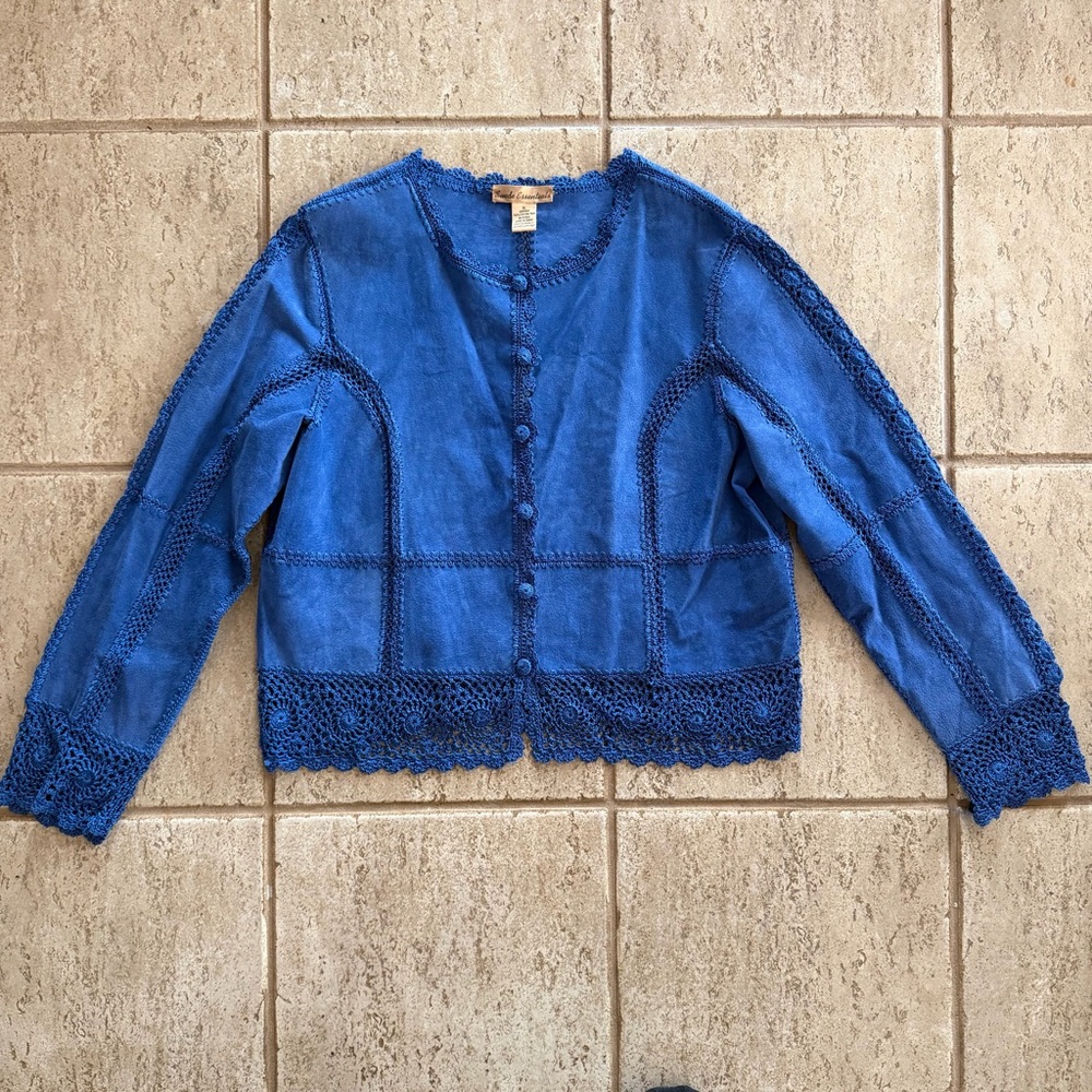 Vintage Y2K Size XL Blue‎ Suede Leather Patchwork Jacket Lace Western Crochet